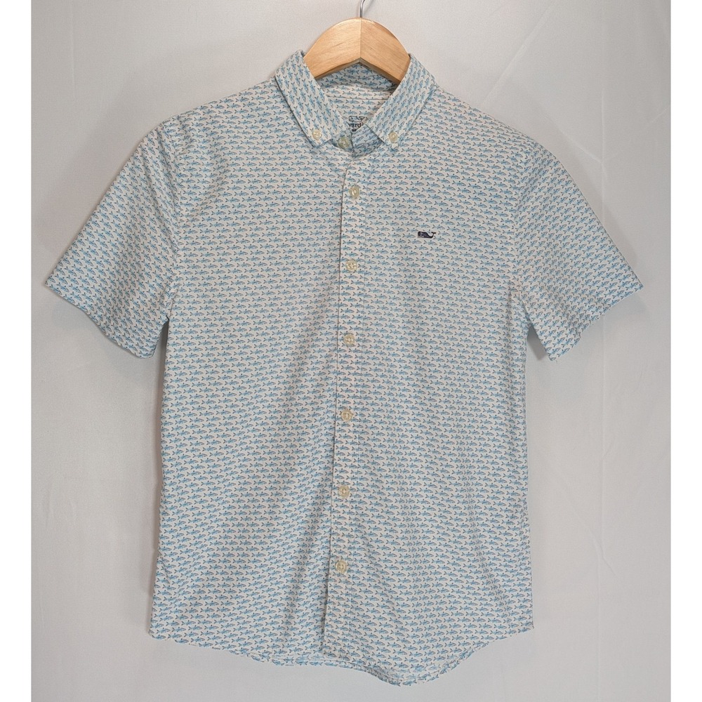 Vineyard Vines Boys Performance Fish Short Sleeve Button Down Shirt M 12-14